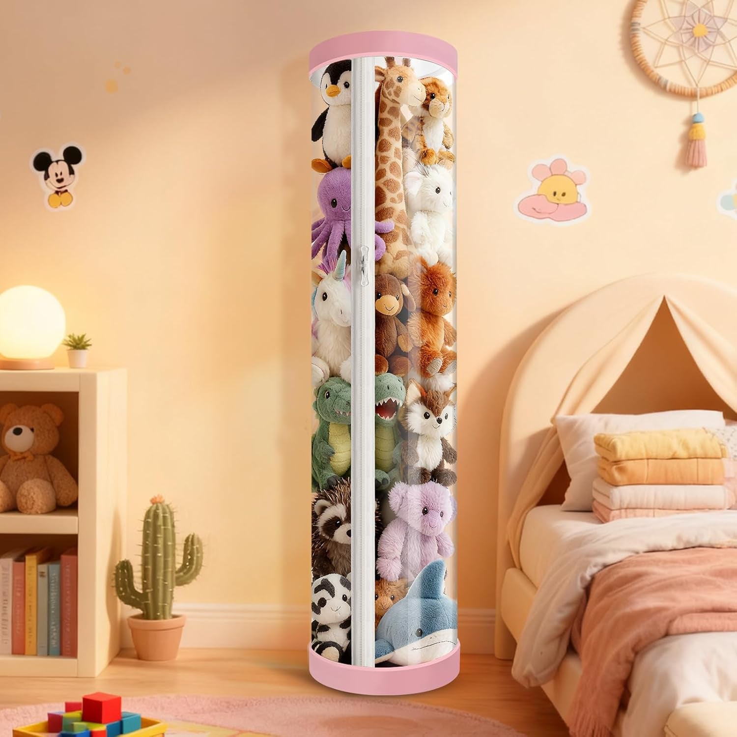 Upgraded Stuffed Animal Storage Tube, 47.24" Tall Stuff Animal Organizer with Double Zipper, PET Transparent Bucket, Space-Saving Animal Zoo Storage for Kids Room (Pink)