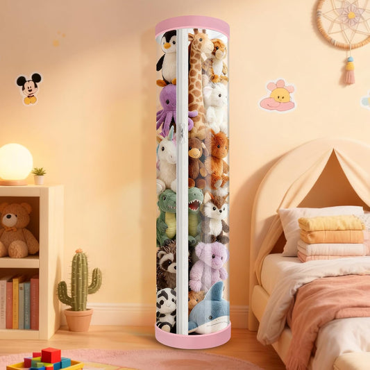 Upgraded Stuffed Animal Storage Tube, 47.24" Tall Stuff Animal Organizer with Double Zipper, PET Transparent Bucket, Space-Saving Animal Zoo Storage for Kids Room (Pink)