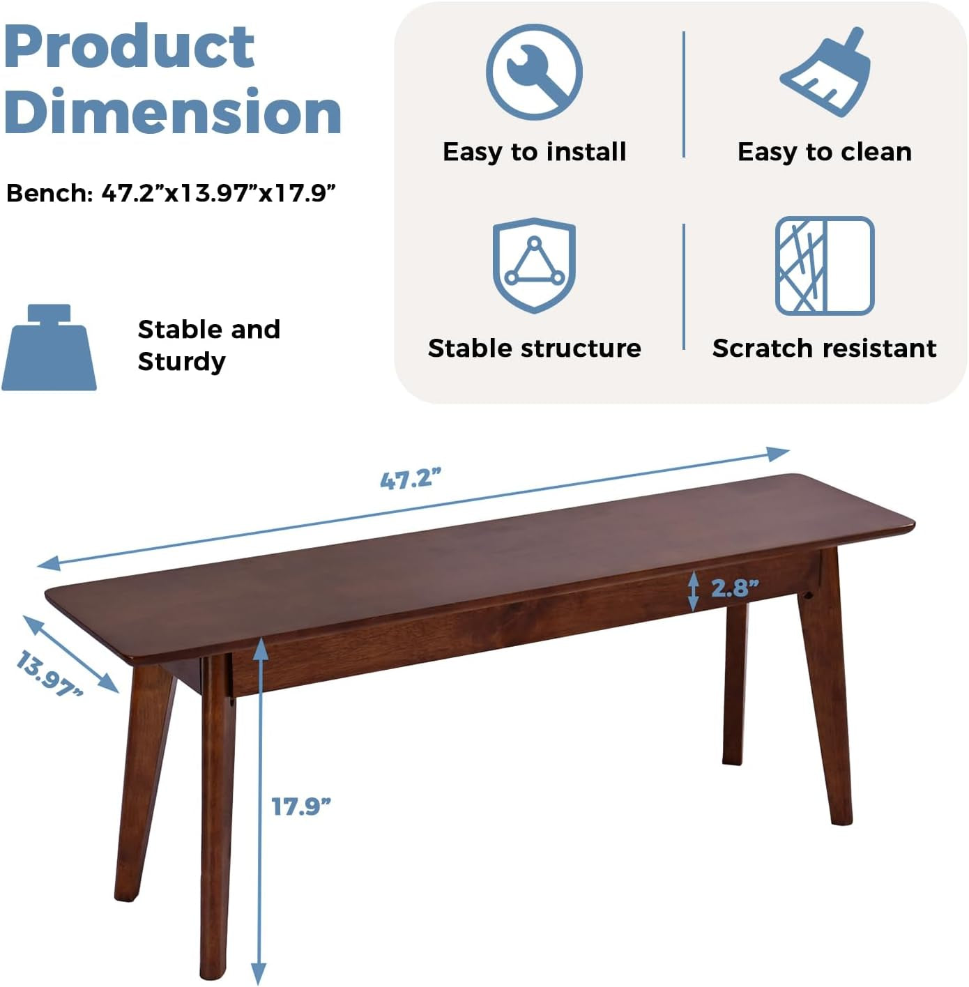 47 Inch Solid Wood Dining Bench, Table Bench for Bedroom, Midcentury Wooden Bench for Kitchen, Long Entryway Bench for Living Room, Walnut