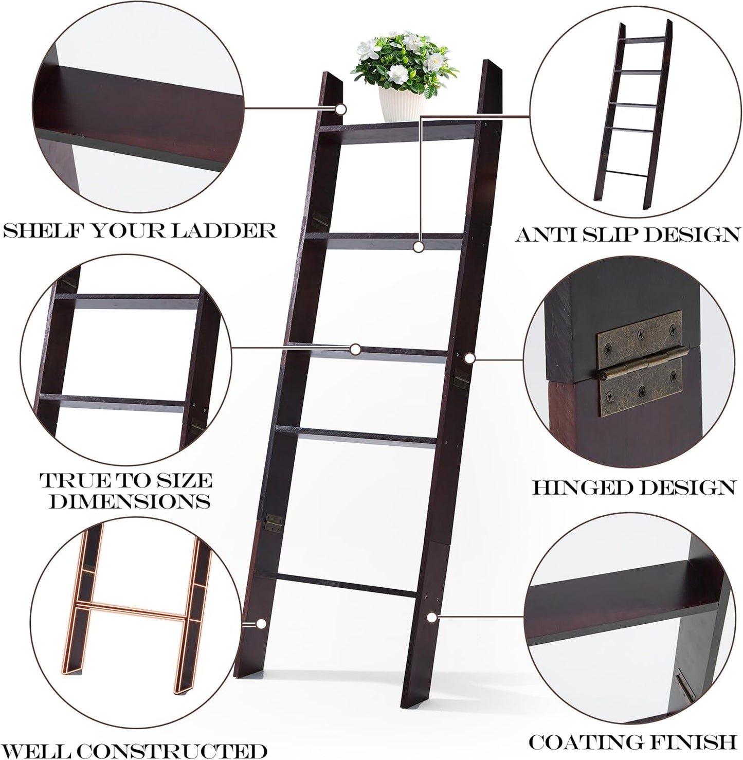 5-Tier Blanket Ladder for the Living Room, 4.8 FT Anti-Slip Decorative Ladder Shelf Leaning Quilt Rack, Lightweight, Easy Assemble, Wooden Blanket Rack (Brown)