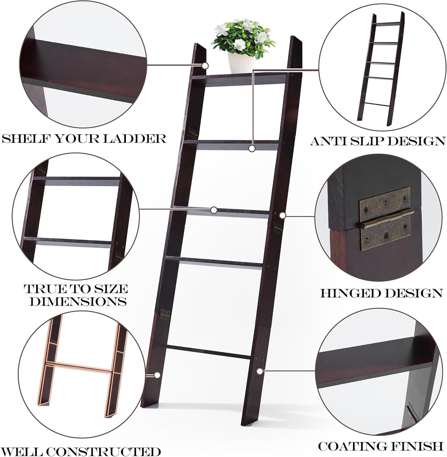 5-Tier Blanket Ladder for the Living Room, 4.8 FT Anti-Slip Decorative Ladder Shelf Leaning Quilt Rack, Lightweight, Easy Assemble, Wooden Blanket Rack (Brown)