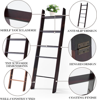 5-Tier Blanket Ladder for the Living Room, 4.8 FT Anti-Slip Decorative Ladder Shelf Leaning Quilt Rack, Lightweight, Easy Assemble, Wooden Blanket Rack (Brown)