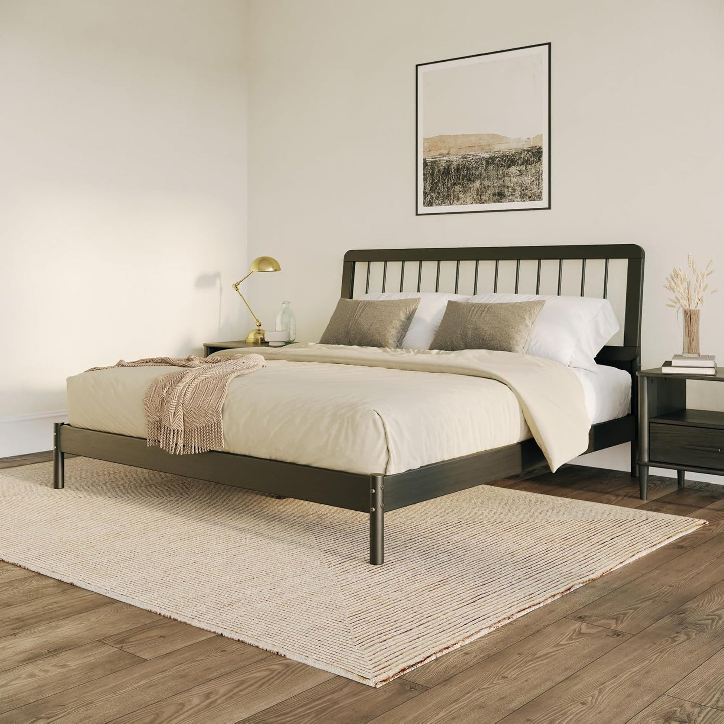 Clemente Mid-Century Modern Spindle Headboard King Bedframe, King Size, Black
