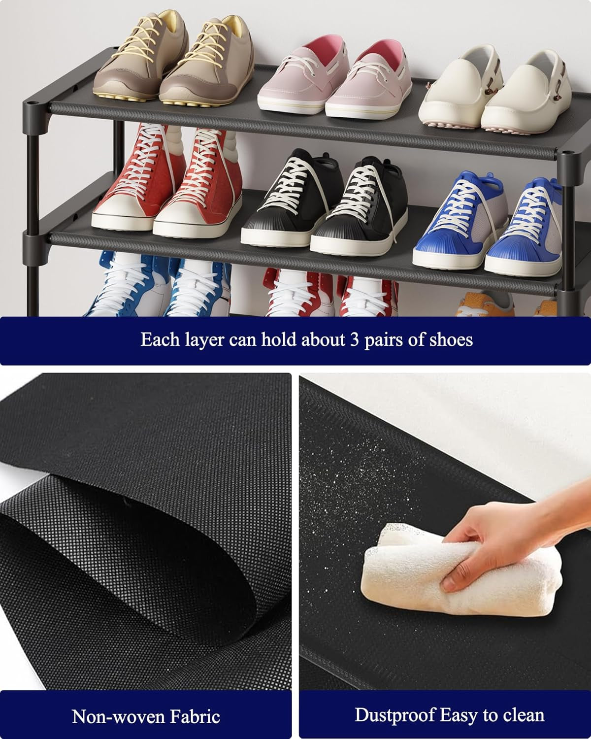 Shoe Rack - Non-Woven Shoe Rack Shelf, Shoe Organizer for Closet, Entryway, Garage & Corridor, Stackable Shoe Shelves, 27.5" Wide - 3 Tier, Black