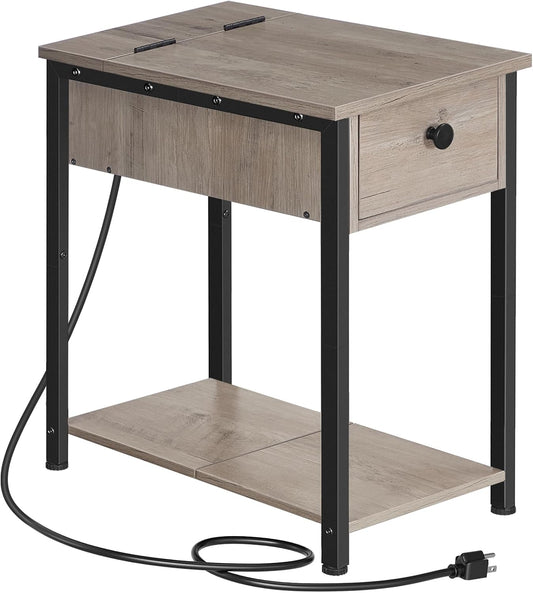 End Table with Charging Station, Narrow Side Table, Small Nightstand, Bedside Tables with Drawer and Storage Shelves, for Small Spaces, Living Room, Bedroom, Greige and Black BG041BZ01G1