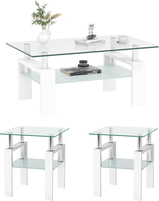 Glass Coffee Table and End Table Set of 3, Modern Living Room Table Set with Tempered Glass & Metal Frame, Double-Layer Side Tables (Clear Glass + White Leg, Set of 3)