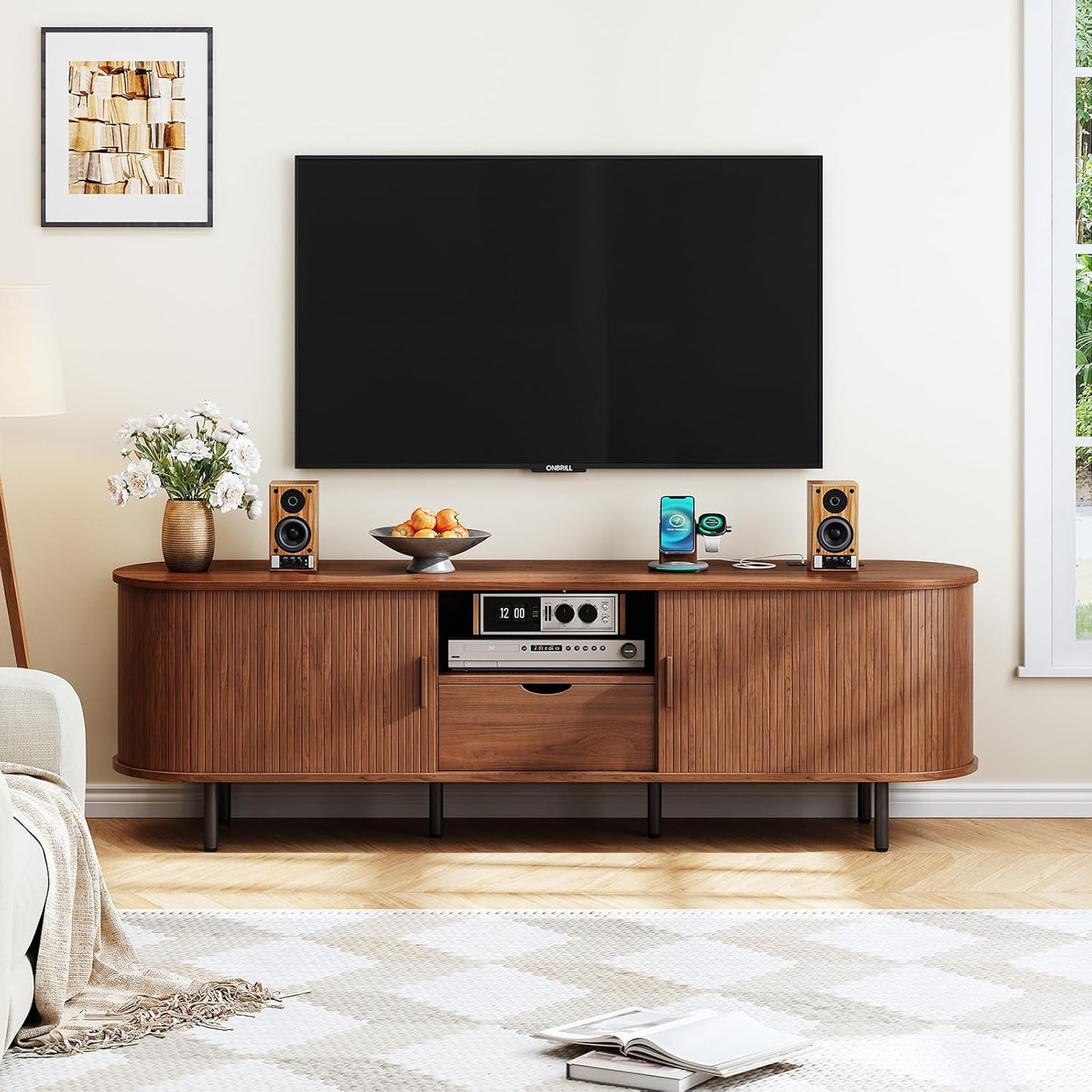 69" TV Stand with Power Outlet for Tvs up to 80", Entertainment Center with Storage and Drawer, TV Console with Adjustable Shelves and Sliding Door, TV Stand for Living Room, Bedroom, Walnut