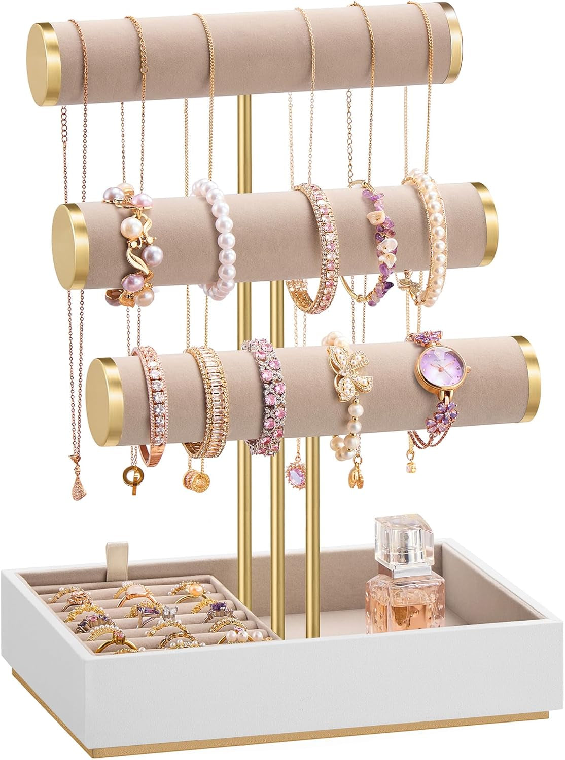 Bracelet Holder Stand, Jewelry Display Stand, Jewelry Organizer, with 3 Tiers and Velvet Tray, Removable Ring Holder, Ink Black UJJS027B01