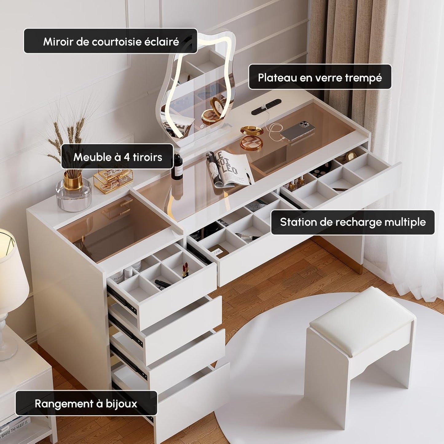Vanity Desk Set with LED Mirror, Makeup Vanity with Power Outlet and Tempered Glass Top, Makeup Table with 6 Drawers, 3 Lighting Modes Vanity Table with Chair for Bedroom (White)
