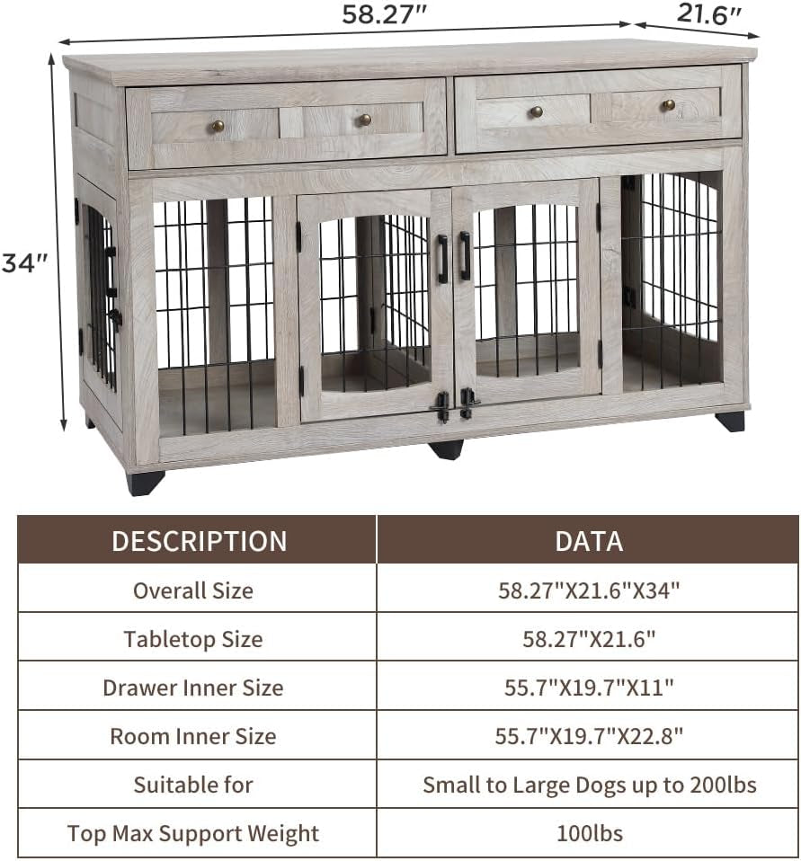 2 Dog Crate Furniture for Large Breeds,Large Dog Kennel Furniture TV Stand,58" Wooden Dog Kennel End Table with Drawers,Double Dog House with Divider