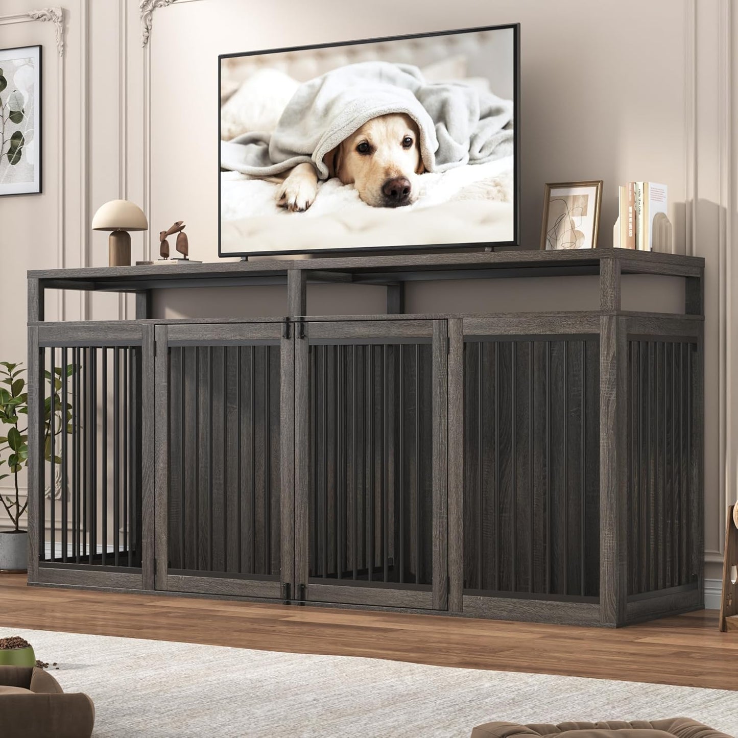87In Farmhouse Dog Crate TV Stand, Wooden Dog Kennel Furniture with 2 Doors, Large Dog Crate Furniture for 2 Dogs, Solid Metal Tube & 4 Lockable Doors, Grey