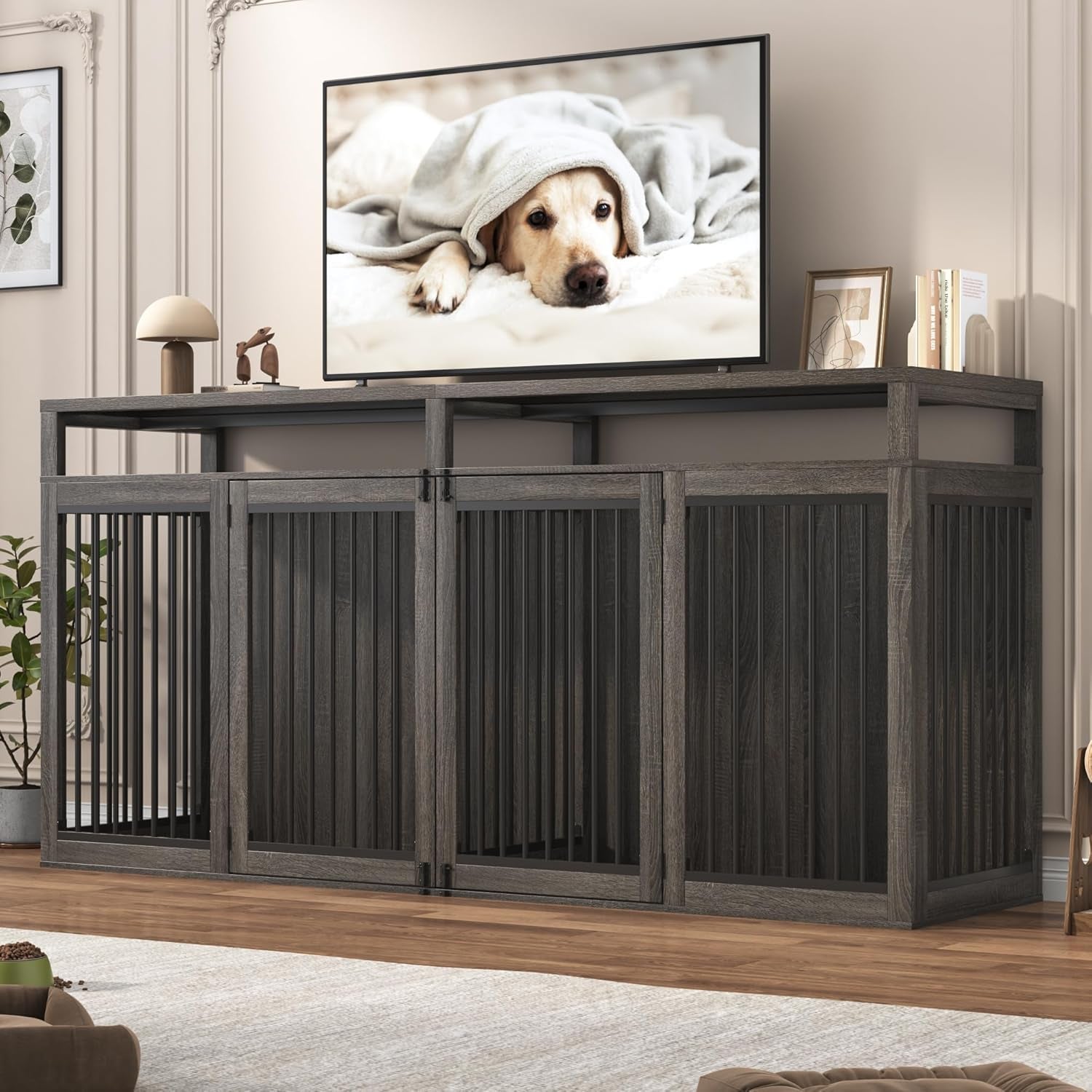 87In Farmhouse Dog Crate TV Stand, Wooden Dog Kennel Furniture with 2 Doors, Large Dog Crate Furniture for 2 Dogs, Solid Metal Tube & 4 Lockable Doors, Grey