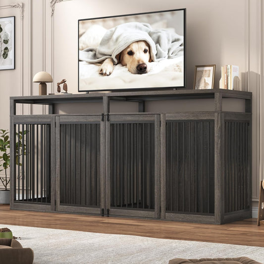 87In Farmhouse Dog Crate TV Stand, Wooden Dog Kennel Furniture with 2 Doors, Large Dog Crate Furniture for 2 Dogs, Solid Metal Tube & 4 Lockable Doors, Grey