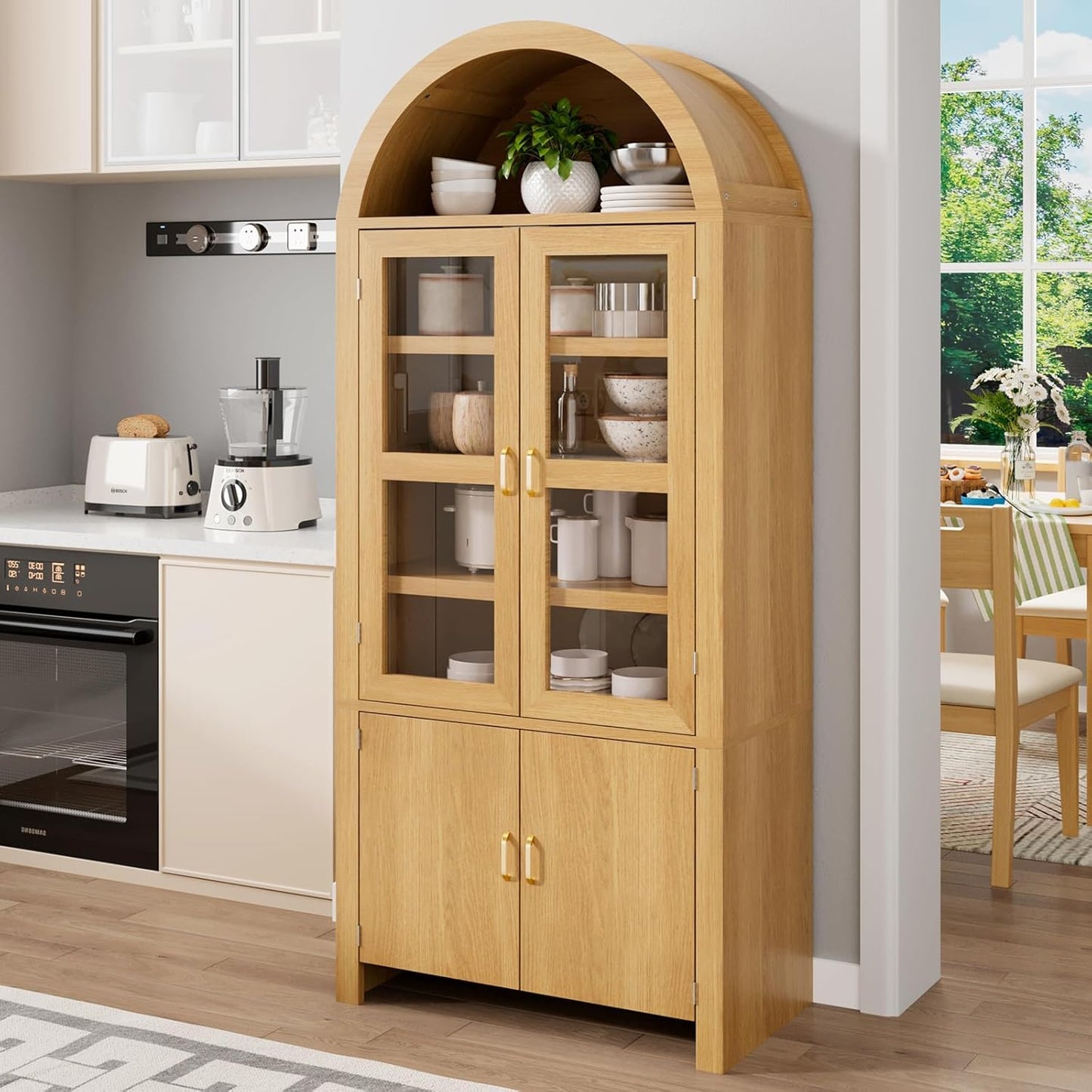 71" Tall Arched Kitchen Pantry, Modern Farmhouse Wood Kitchens Storage Cabinets, Versatile Cupboard for Dining Room, Kitchen, Wood