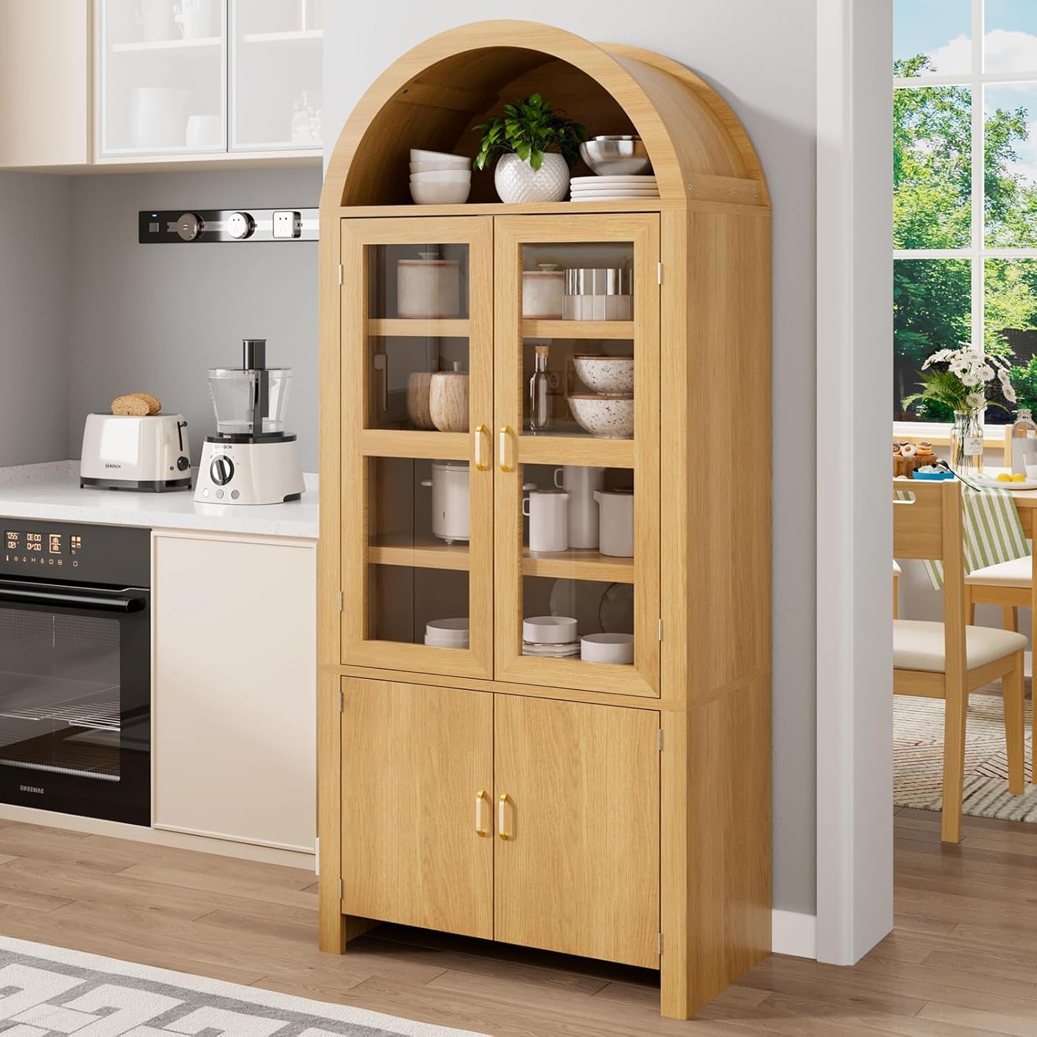 71" Tall Arched Kitchen Pantry, Modern Farmhouse Wood Kitchens Storage Cabinets, Versatile Cupboard for Dining Room, Kitchen, Wood