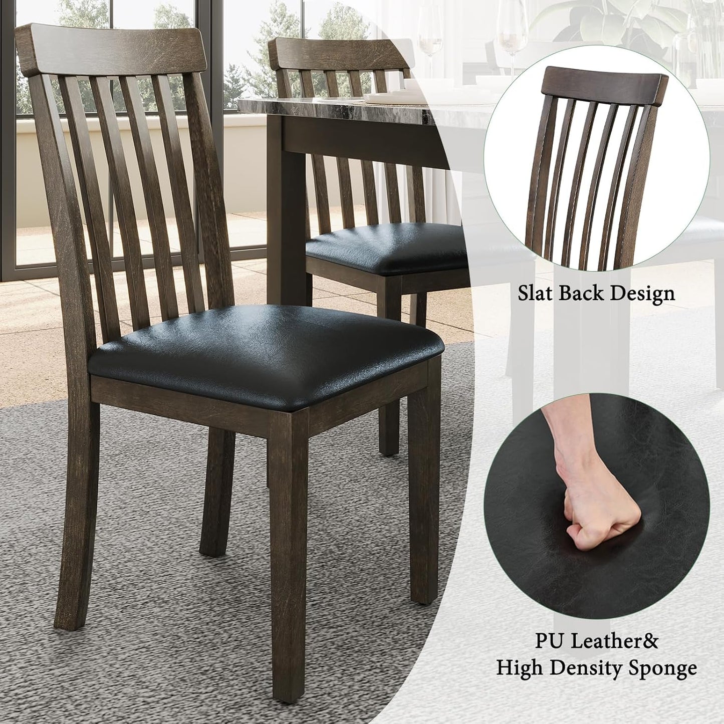 7-Piece Dining Table Set, 71" Faux Marble Modern Table with 6 PU Leather Upholstered Chairs, Heavy-Duty Solid Wood Set for Kitchen & Dining Room, Dark Brown