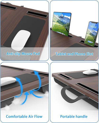 Laptop Lap Desk, Portable Large Laptop Desk for Bed, up to 17 in Lap Table with Wrist Rest, Mouse Pad, Tablet Phone Slot, Portable Handle, Lap Tray with Cushion (Dark Brown)