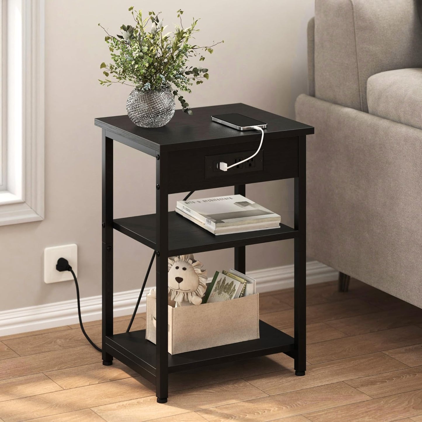 End Tables with Charging Station USB Ports, 3 Tier Tall Night Stand with Storage Shelves,Narrow Side Table for Small Space Living Room Bedroom Office, Record Player Stand, Black
