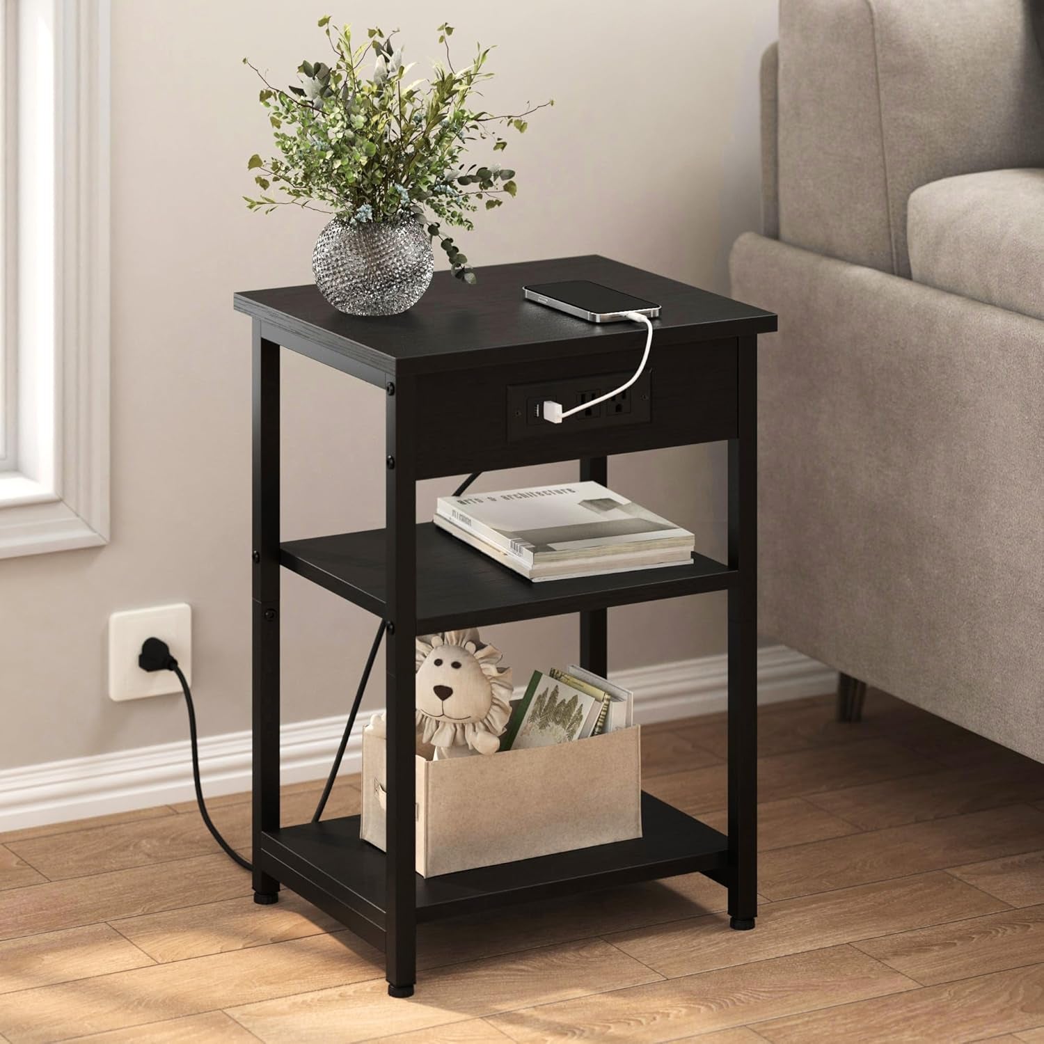 End Tables with Charging Station USB Ports, 3 Tier Tall Night Stand with Storage Shelves,Narrow Side Table for Small Space Living Room Bedroom Office, Record Player Stand, Black
