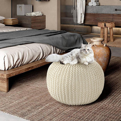 Unstuffed Ottoman Pouf Cover, 100% Cotton Handmade Knitted Ottoman Pouf Cover round Foot Stool, Floor Bean Bag Chair, Foot Rest with Storage for Living Room Bedroom, Beige(Cover ONLY NO Filler)