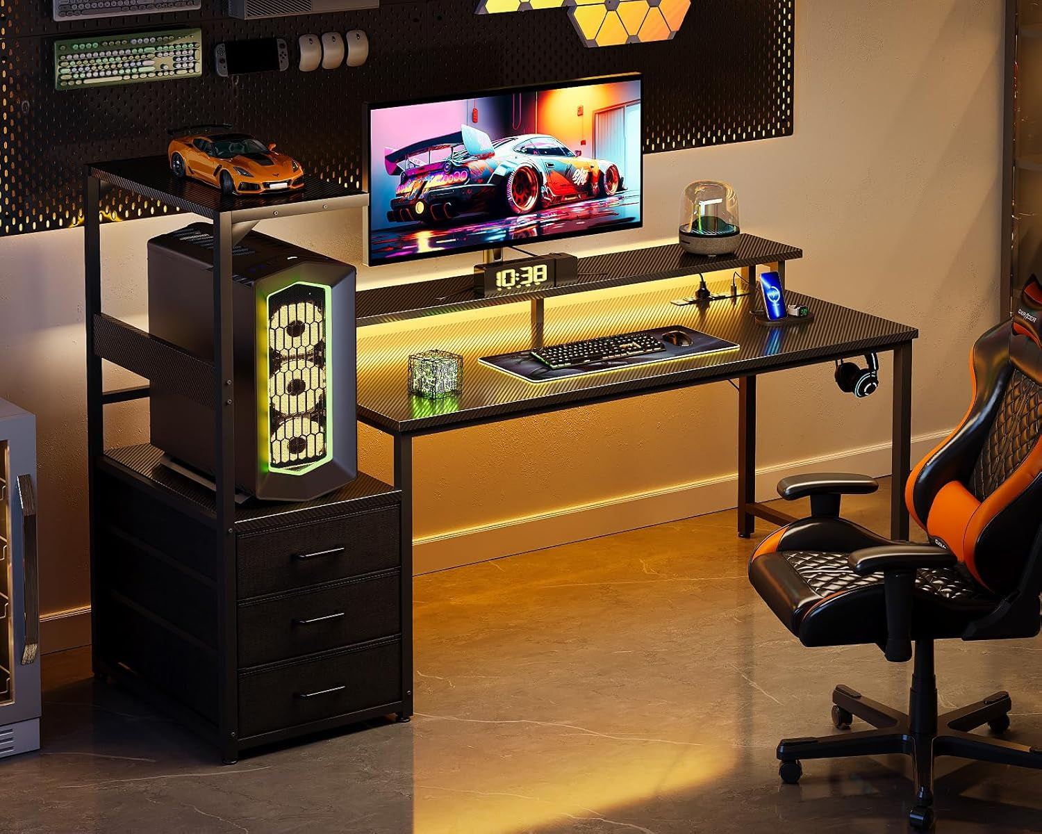 59 Inch Gaming Desk with USB Charging Ports & LED Light - Reversible Computer Desk with 3 Fabric Drawers, Monitor Stand, CPU Stand, and Side Hook, Modern Office Desk, Black