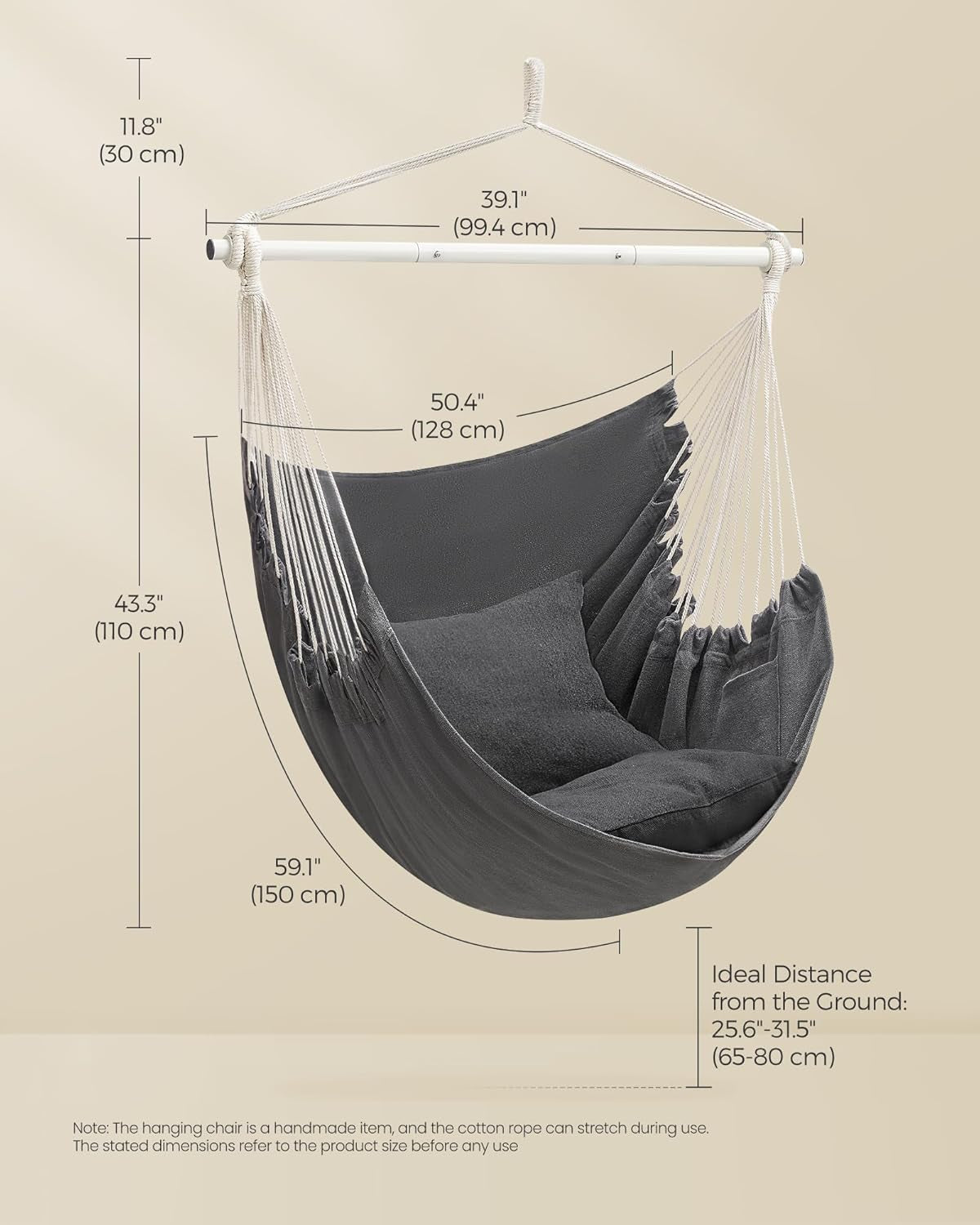 Hammock Chair, Load Capacity 500 Lb, Hanging Chair with 2 Cushions, Large Hammock Swing with Chain and Pocket, for Indoor, Outdoor, Living Room, Bedroom, Slate Gray UGDC197G02