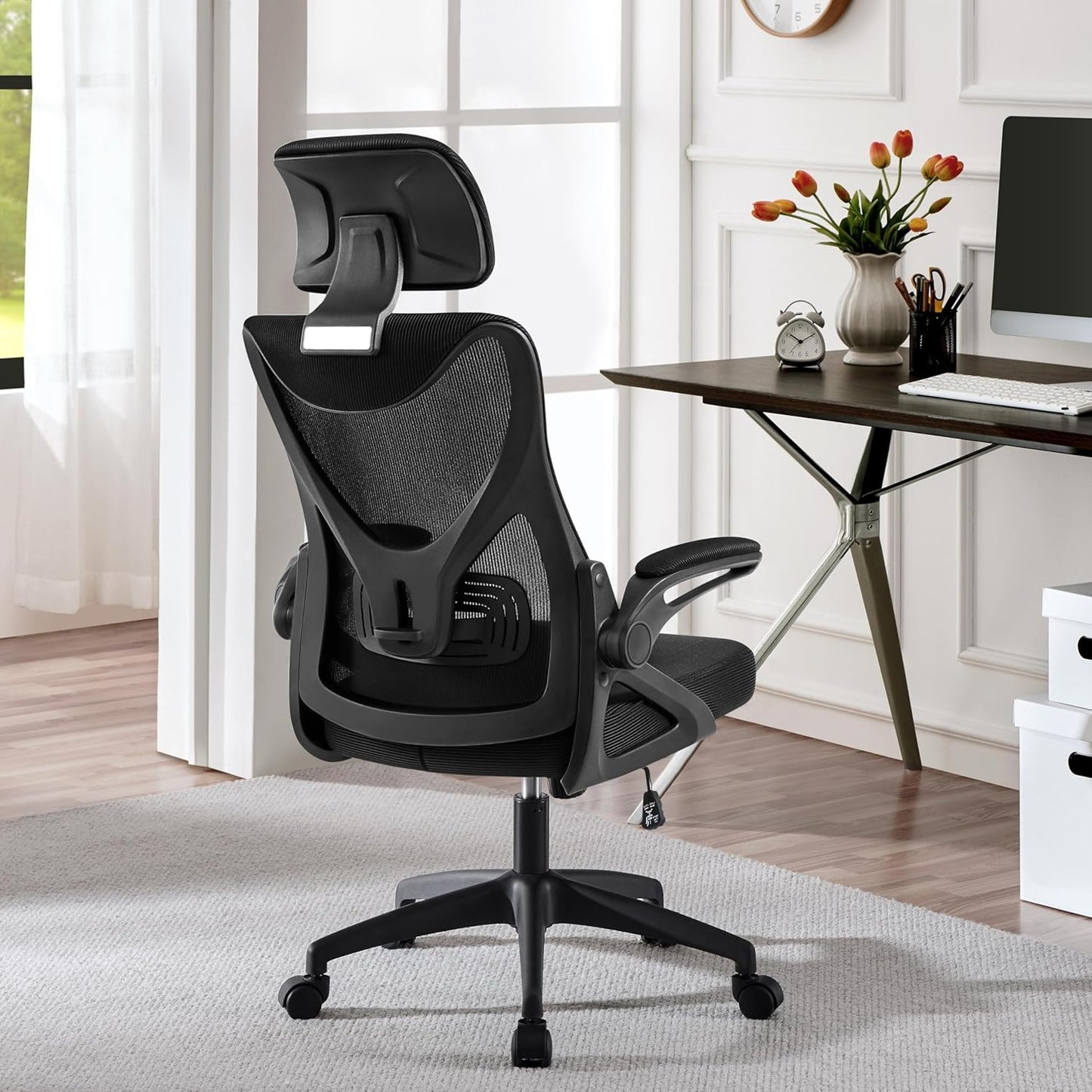 Ergonomic Office Chair, High Back Desk Chair with Headrest and Flip-Up Armrest Lumbar Support for Home Office Meeting Room Study, Black
