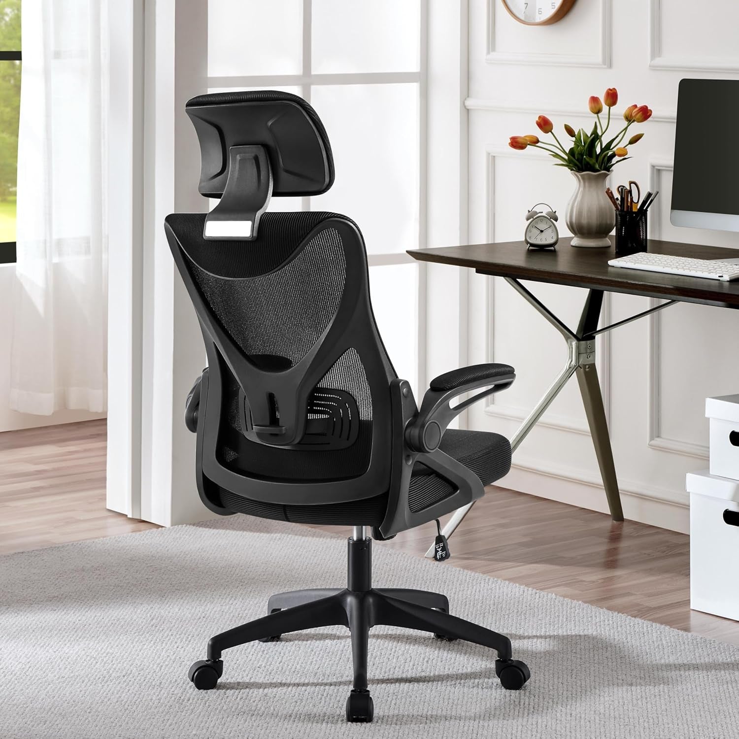 Ergonomic Office Chair, High Back Desk Chair with Headrest and Flip-Up Armrest Lumbar Support for Home Office Meeting Room Study, Black