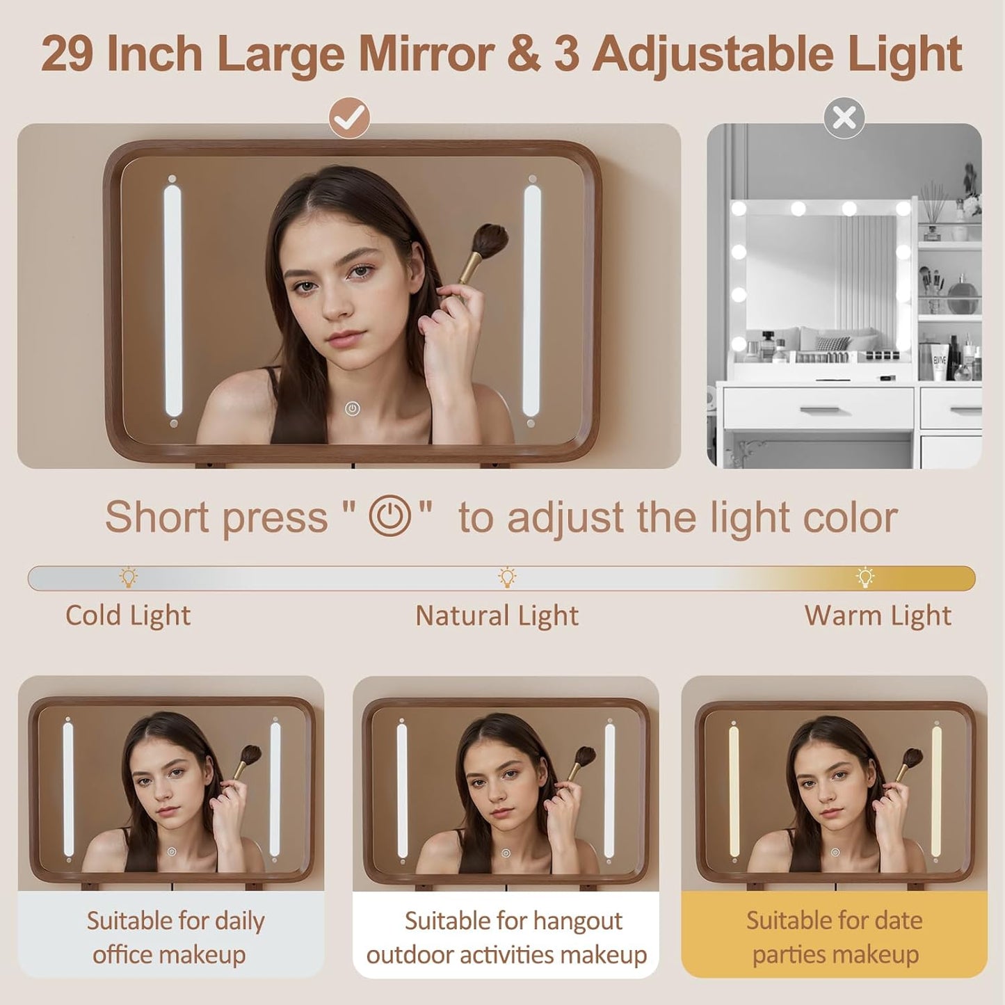 Solid Wood Vanity Desk with Mirror and Lights,Adjustable Height and Brightness, Makeup Vanity with 3 Drawers,Semi-Assembled,Dressing Table for Bedroom and Living Room (Walnut)