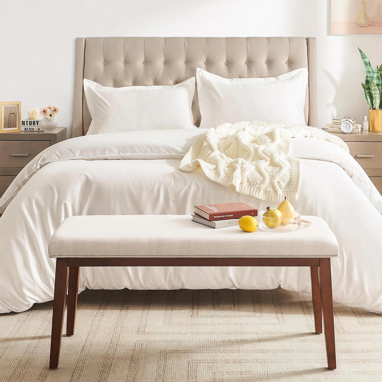Upholstered Bench for Bedroom End of Bed,42.5-Inch Entryway Bench for Living Room,Dining Bench with Padded Seat and Solid Wood Leg for Kitchen Bedroom,Indoor and Hallway (Bench, Beige)