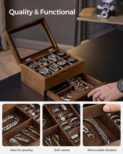 8-Slot Watch Box, 2-Tier Watch Display Case with Large Glass Lid, Removable Watch Pillows, Velvet Lining, Jewelry Box, Gift Idea, Rustic Walnut UJOW008K01