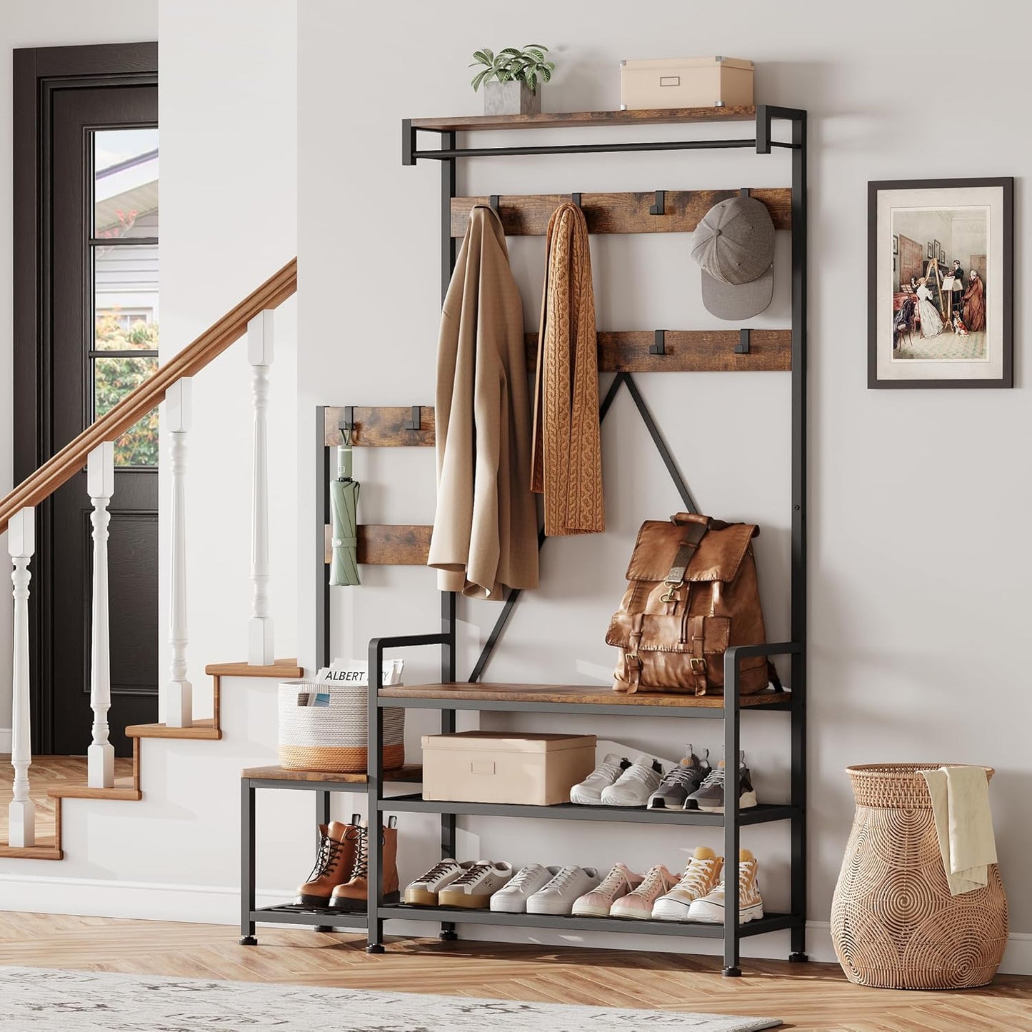 Hall Tree with Bench and Shoe Storage Parent-Child Coat Rack Shoe Bench Industrial Coat Tree Entryway Large Organizer with Shoe Rack, Storage Cubbies, Hooks, and Top Shelf