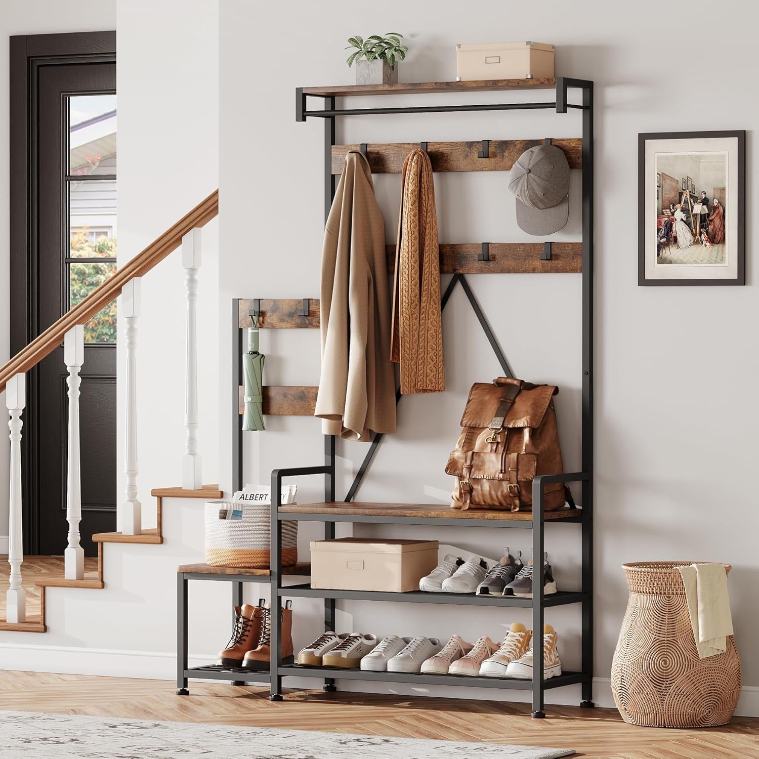 Hall Tree with Bench and Shoe Storage Parent-Child Coat Rack Shoe Bench Industrial Coat Tree Entryway Large Organizer with Shoe Rack, Storage Cubbies, Hooks, and Top Shelf