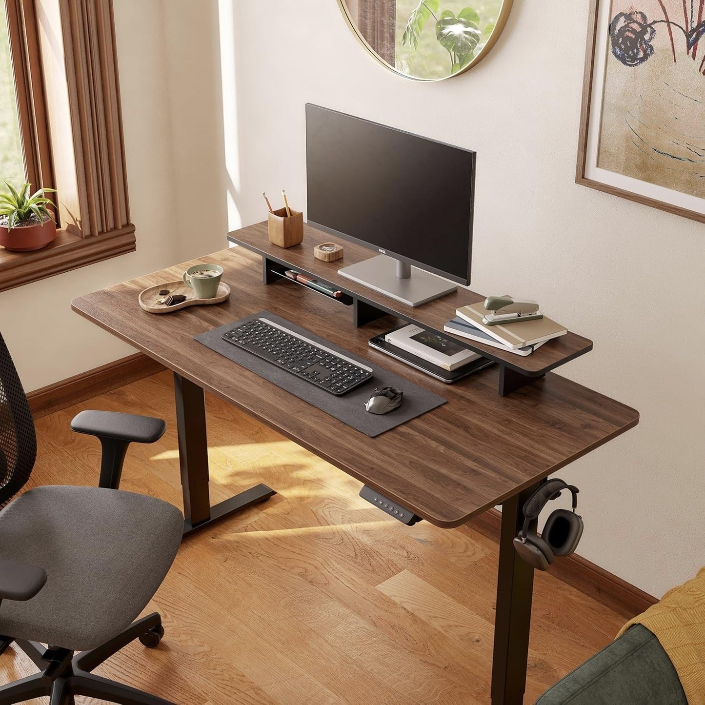 One-Piece Standing Desk Adjustable Height Stand up Home Office Desk, 48X24 Inch Electric Standing Computer Desk, with 4 Memory Presets, Headphone Hook, Light Rustic