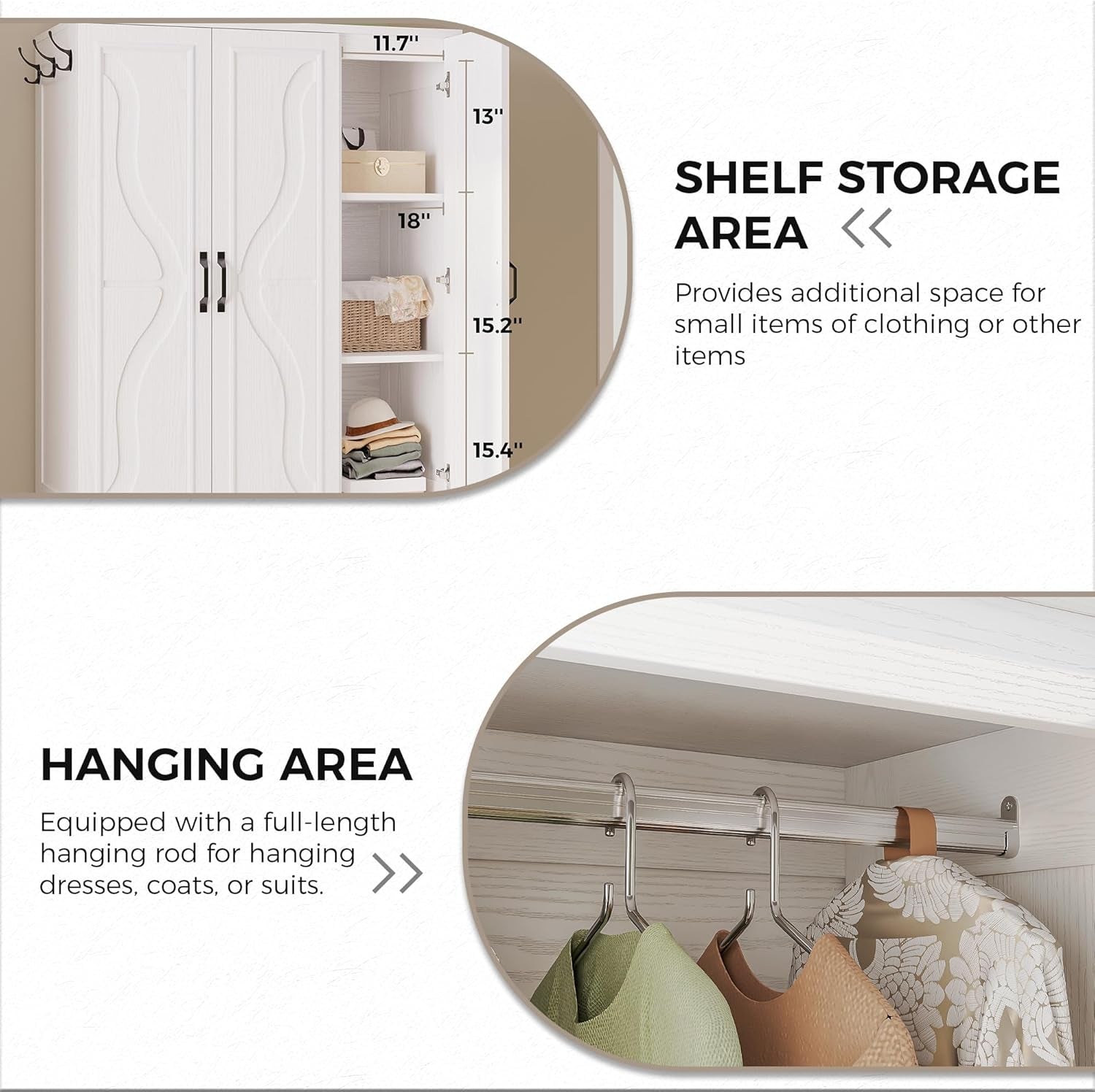 Armoire Wardrobe Closet with 4 Doors and Drawers, Wardrobe Cabinet with Storage Shelves and Side Hooks, Clothing Storage Cabinet for Bedroom, White