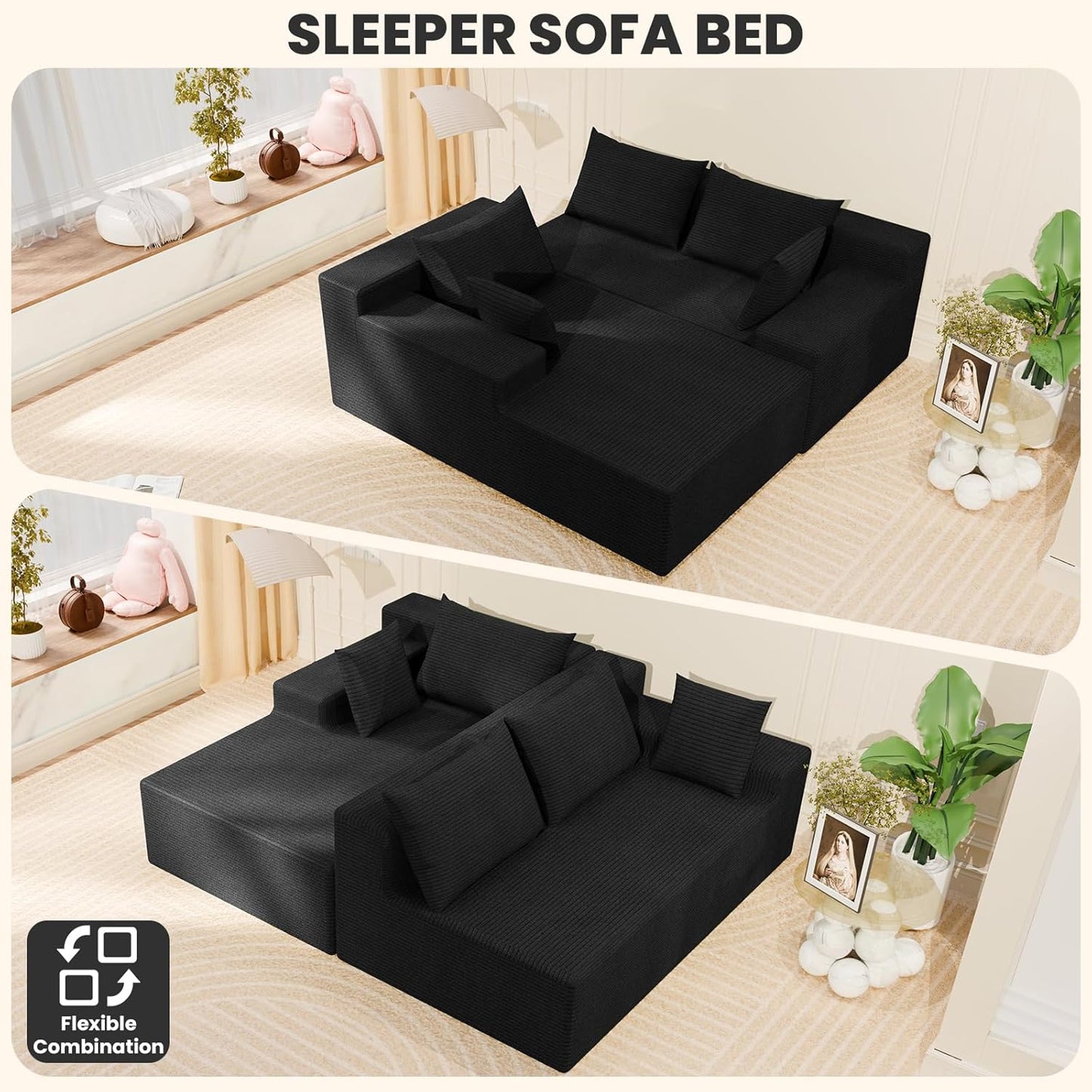 106" Cloud Sectional Couch with Deep Seat，Modern Modular Sofa with L-Shape Chaise，No Assembly Required, Upholstered Couches for Living Room Bedroom(Black,Left Facing Chaise)