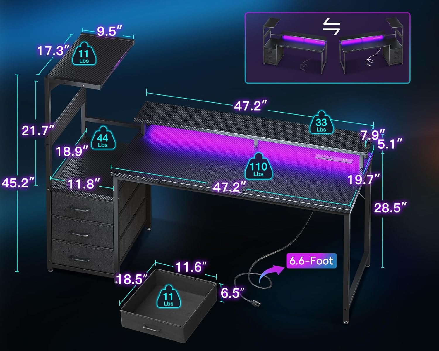 59 Inch Gaming Desk with USB Charging Ports & LED Light- Reversible Computer Desk with Storage Shelves & Monitor Stand, Modern Gamer Desk Table with Fabric Drawers & Side Hook, Carbon Fiber Black