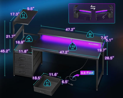 59 Inch Gaming Desk with USB Charging Ports & LED Light- Reversible Computer Desk with Storage Shelves & Monitor Stand, Modern Gamer Desk Table with Fabric Drawers & Side Hook, Carbon Fiber Black