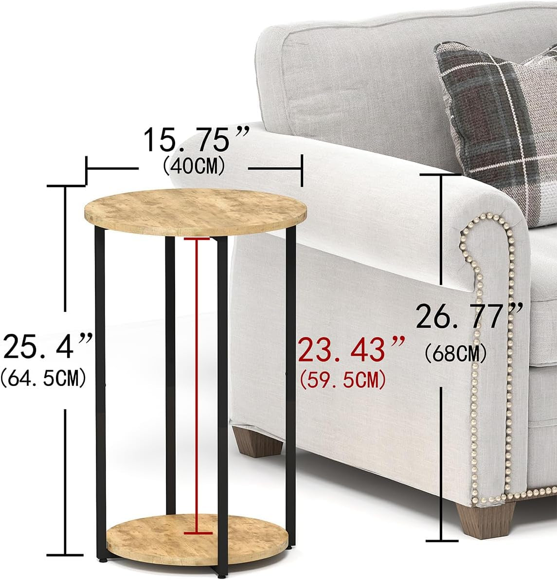 Round Side Table, Small End Table with Storage Shelf, Circle Table for Living Room, Bedroom and Small Spaces, Metal Frame, Greige