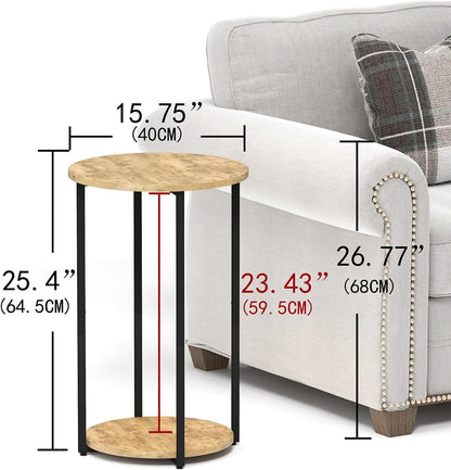 Round Side Table, Small End Table with Storage Shelf, Circle Table for Living Room, Bedroom and Small Spaces, Metal Frame, Greige
