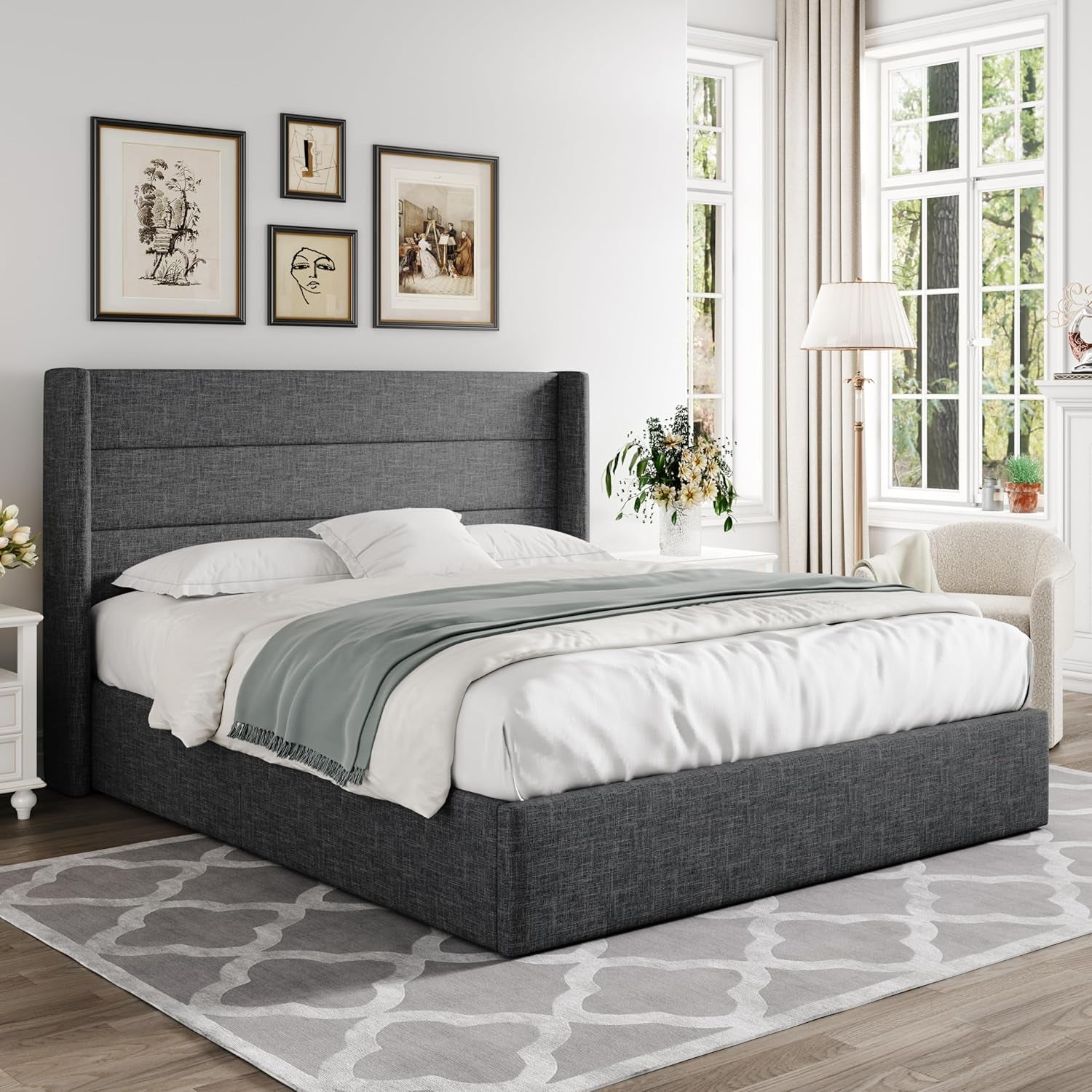 Queen Size Lift up Storage Bed, Modern Wingback Headboard, Hydraulic Support, No Box Spring Needed, Dark Grey