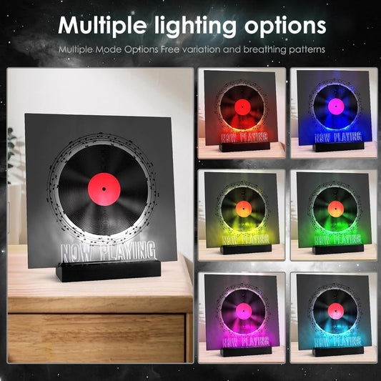 Now Playing Vinyl Record Stand,Light up Wooden Album Display Holder with Acrylic Sign, Multi Color LED Now Spinning Hip Hop Record Wood Rack,Lp Record Player Accessories Gift
