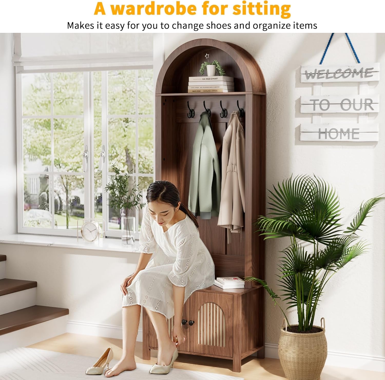 Hall Tree with Bench and Shoe Storage, 70.9" Farmhouse Entryway Storage Bench with 4 Hooks and 2 Fluted Doors, Arch Coat Rack Rustic Hall Cabinet Organizer for Hallway,Mud Room,Small Space