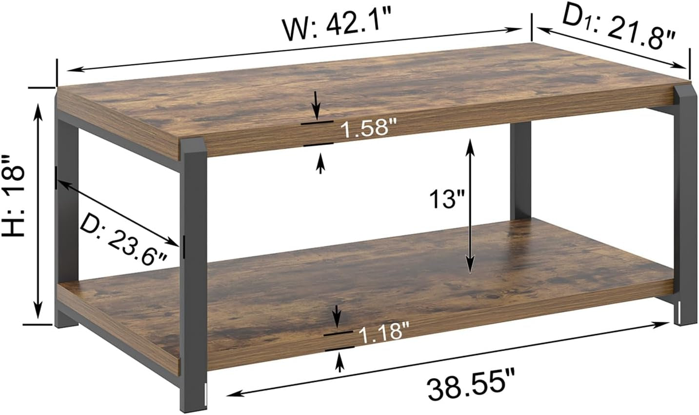 Modern Coffee Table, Industrial Wood and Metal Center Table, Cocktail Tea Tables for Living Room, Rustic Brown