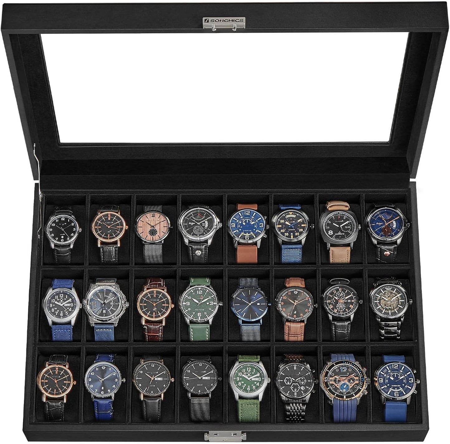 24-Slot Watch Box, Lockable Storage Case with Glass Lid, Ink Black Synthetic Leather, Dove Gray Lining, Gift Idea UJWB024