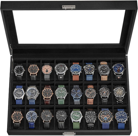 24-Slot Watch Box, Lockable Watch Storage Case with Glass Lid, Gift Idea, Ink Black Synthetic Leather, Ink Black Lining UJWB024B02