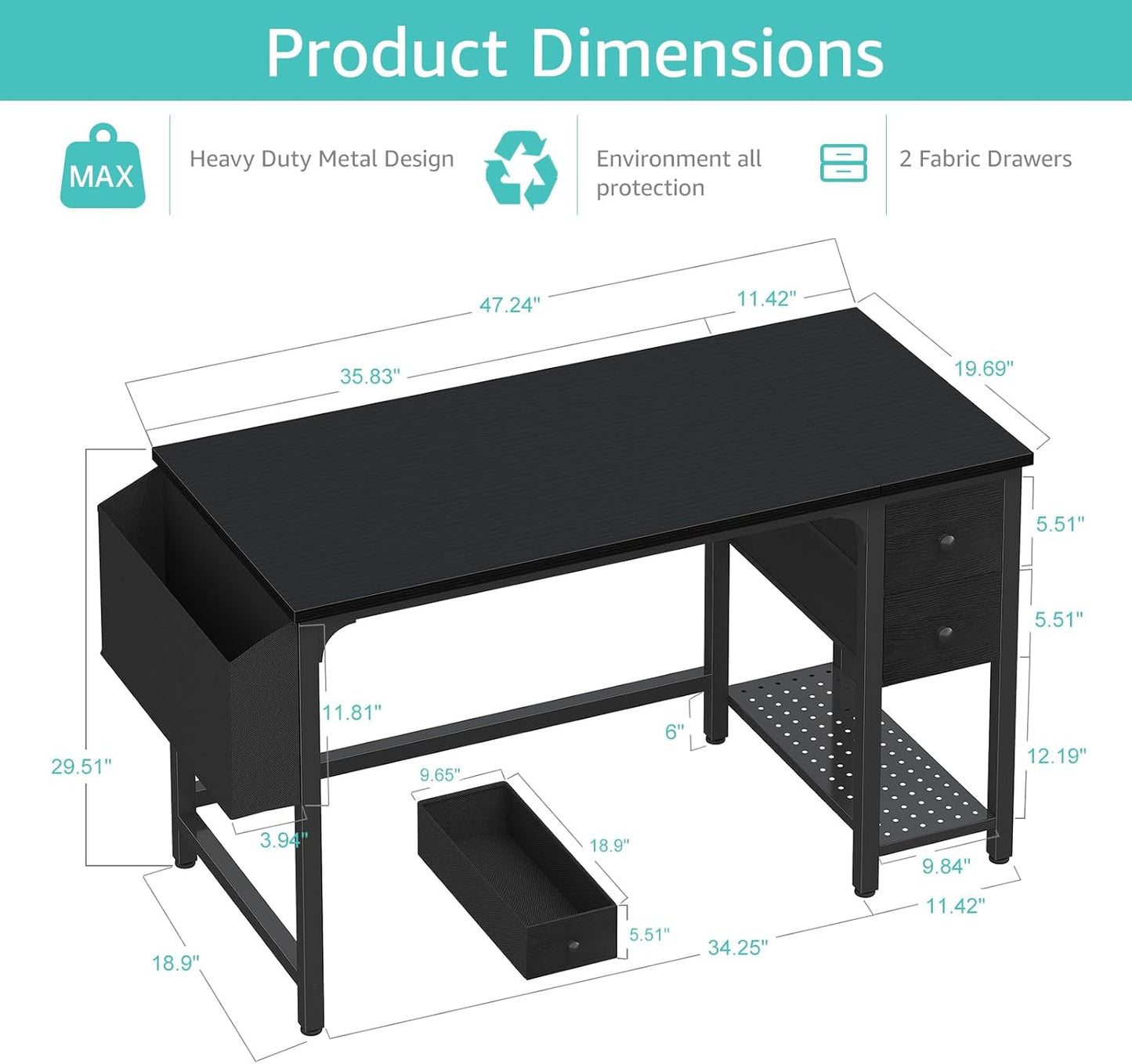 Gaming Desk with Fabric Drawers, 47 Inch Computer Desk for Home Office, Modern Simple Study Writing Table PC Desks for Bedroom, Black