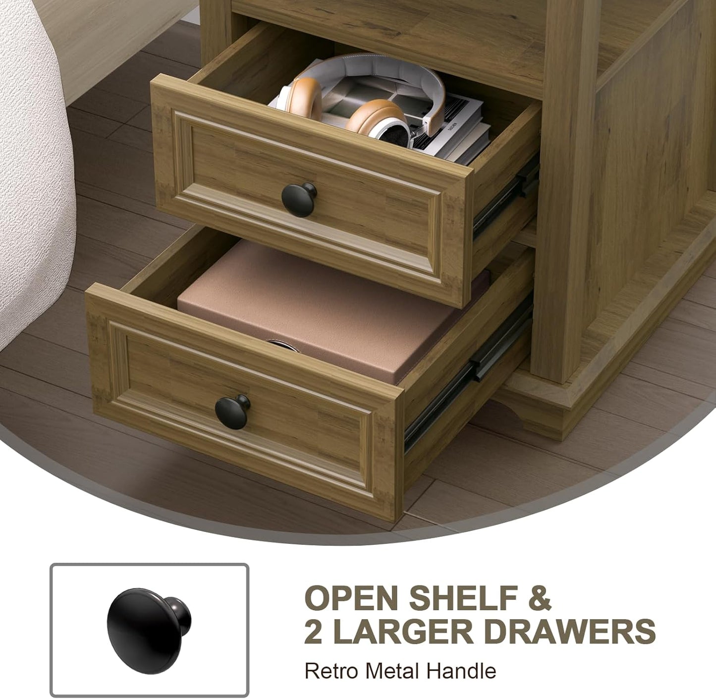 24" Tall Nightstand with Charging Station, Double 18W Fast Charge End Table, Large 18” Bedside Table with Drawers,Rustic Wood Storage Cabinet with Open Shelf for Bedroom,Natural