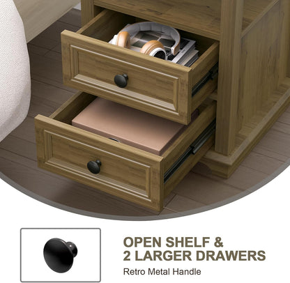 24" Tall Nightstand with Charging Station, Double 18W Fast Charge End Table, Large 18” Bedside Table with Drawers,Rustic Wood Storage Cabinet with Open Shelf for Bedroom,Natural