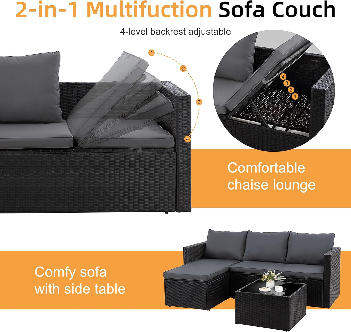 4 Pieces Patio Furniture Sets, Outdoor Sofa Patio Sectional Sets All Weather, 2-In-1 Wicker Rattan Seating Sofa Couch with Cushions & Coffee Table for Yard, Garden, Porch, Poolside (Gray)